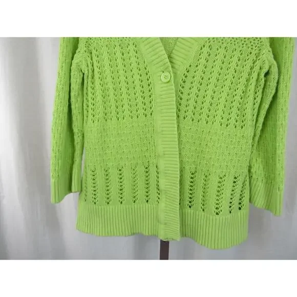 Christopher & Banks XL Chartreuse Open Knit Crochet One Button Cardigan Sweater - Picture 7 of 10